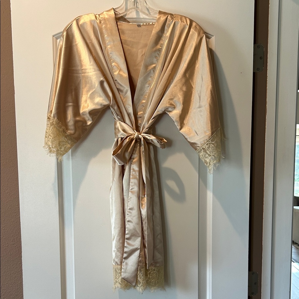 Elegant Gold Satin Robe with Lace Trim